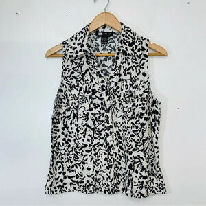 Carole LIttle Top Blouse Medium Black White Animal Print Linen Blend Buttons